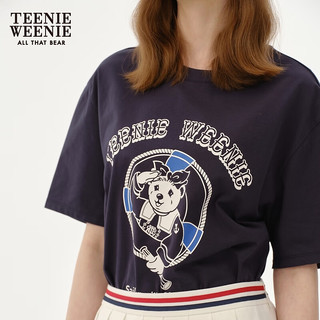Teenie Weenie小熊女装2024夏装简约圆领套头T恤趣味印花上衣 藏青色 160/S