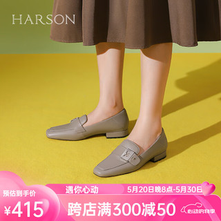 哈森2024时尚英伦风真皮方头通勤鞋粗跟舒适增高女单鞋HWS240169 灰色 38