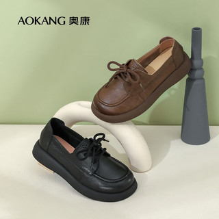 奥康（Aokang）女鞋 季纯色气质系带乐福鞋舒适百搭皮鞋女 黑色1234321041 35