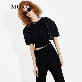 MO&Co.春夏法式立体泡泡袖拼接高腰短款设计感扭结上衣MBC2TOP005 黑色 XS/155