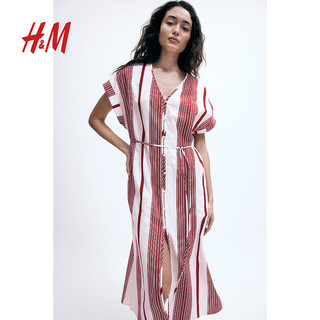 H&M女装裙装2024夏季正面系扣绉织连衣裙1236994 白色/红色条纹 155/80 XS