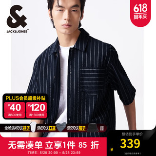 杰克·琼斯（JACK&JONES）夏商务休闲宽松纯棉条纹经典上衣短袖衬衫外套男装224204030 E39 藏蓝 常规 165/88A/XS