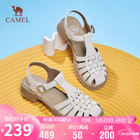 骆驼（CAMEL）罗马鞋女文艺风牛皮织丁字搭扣粗跟凉鞋 L24M153671 米白 36 