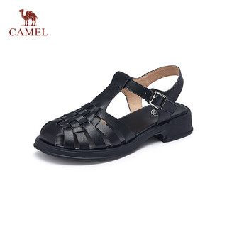 骆驼（CAMEL）罗马鞋女文艺风牛皮织丁字搭扣粗跟凉鞋 L24M153671 黑色 40 