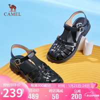 骆驼（CAMEL）罗马鞋女文艺风牛皮织丁字搭扣粗跟凉鞋 L24M153671 黑色 38 