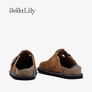 Bella Lily2024春季美式真皮半包拖鞋女外穿单鞋无后跟休闲鞋 土黄色 38