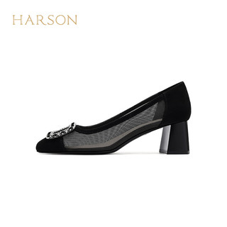 哈森方头粗跟单鞋24夏时尚方扣女鞋舒适增高一脚蹬时装单鞋HWS240235 黑色 39