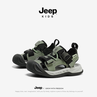 Jeep儿童包头凉鞋夏款2024男童中大童涉水运动童鞋男孩沙滩鞋 黑/军绿 32码 鞋内约长21.2cm