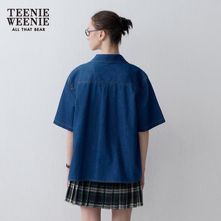 Teenie Weenie【凉感】小熊2024夏季学院风宽松短袖牛仔衬衫女 深蓝色 175/XL