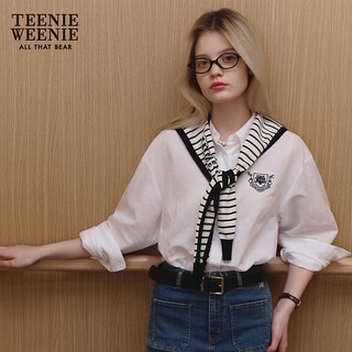 Teenie Weenie【亚麻混纺】小熊2024年夏季长袖衬衫白色衬衣女 白色 155/XS