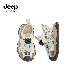 Jeep吉普女童鞋包头运动凉鞋夏款2024夏季男童防滑软底儿童沙滩鞋 奶粉棕 30码 鞋内约长19.9cm