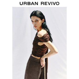 URBAN REVIVO 女士褶皱飘带T恤 UWA440003 深咖棕 XL