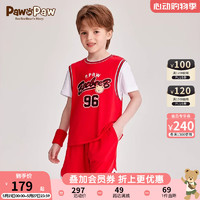 PawinPaw卡通小熊童装2024年夏男童撞色篮球风假两件运动套装 Red红色/20 130