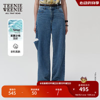 Teenie Weenie小熊&芝麻街联名2024直筒破洞牛仔裤天丝混纺女 中蓝色 160/S