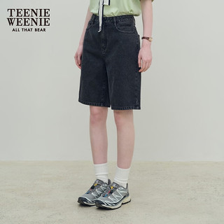 Teenie Weenie小熊女装2024夏季简约直筒宽松牛仔短裤四分裤子 黑色 155/XS