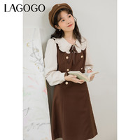 La·go·go 拉谷谷 Lagogo秋冬新款娃娃领修身连衣裙女拼接假两件裙子