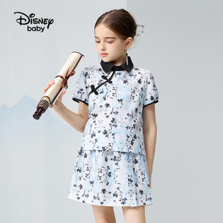 迪士尼童装女童梭织翻领短袖套装2024夏装儿童女孩洋气甜美风两件套 蓝白国风米妮 110cm