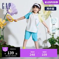 GapGap男童2024夏季吸湿速干短袖T恤短裤两件套儿童装套装890531 蓝白黄拼接 160cm (XL)亚洲尺码