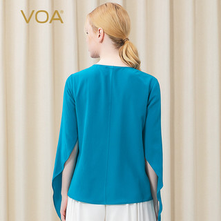 VOA100%真丝青蓝圆领镂空荷叶袖圆摆纯色百搭型双绉桑蚕丝T恤 BE567 雨后靛青蓝 165/L