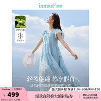 茵曼（INMAN）100%苎麻炒色度假连衣裙2024夏季女装小飞袖复古高级长裙子 古蓝色内里加长版 M