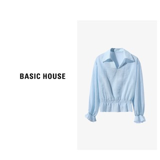 Basic House/百家好秋季时尚气质小众翻领长袖衬衫B0623H54682 蓝色 S80-110斤