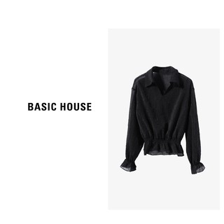 Basic House/百家好秋季时尚气质小众翻领长袖衬衫B0623H54682 黑色 L120-135斤