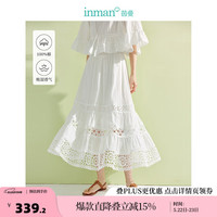 茵曼（INMAN）花边拼接半身裙2024夏季女装松紧腰宽松遮胯显瘦白裙子 霜白色 S