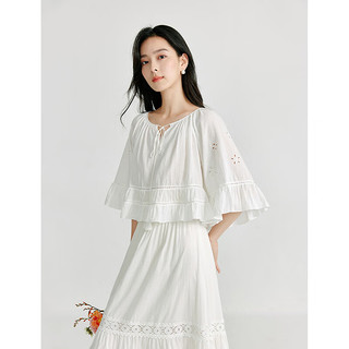 茵曼（INMAN）荷叶边刺绣衬衫2024夏季女装新款流苏系带镂空织带中袖衬衣 白色