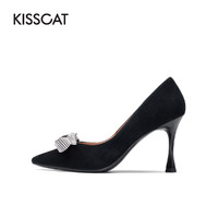 88VIP：KISSCAT 接吻猫 2022春季新款宴会婚礼蝴蝶结闪钻舒适尖头细高跟鞋单鞋女