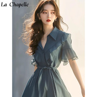 La Chapelle 女装蓝色雪纺衬衫连衣裙女2024年新款法式时尚精致荷叶边收腰裙子 图色 M