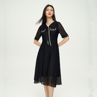 Koradior 珂莱蒂尔 春夏季短袖连衣裙女法式V领收腰气质时尚设计感