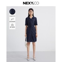 NEXY.CO 奈蔻 夏季复古工装风对称袋盖收腰翻领牛仔连衣裙