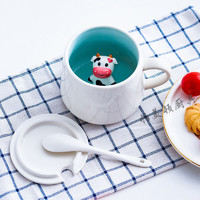 帕美顿 创意陶瓷马克杯带盖勺可爱女韩版水杯早餐杯情侣杯牛奶咖啡杯茶杯 单杯(无盖勺) 小白龙