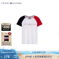 TOMMY HILFIGER 24春夏童装男纯棉色块拼接印花撞色圆领T恤TH2212021 白色001 14/160cm
