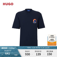 HUGO男士24夏季冲浪风艺术图案装饰棉质平纹针织短袖T恤 405-深蓝色 EU:L