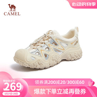 CAMEL 骆驼 登山鞋女新款拼色丑萌鞋户外徒步鞋女休闲运动鞋 L24M076602米/银/黄 （洞洞款） 39