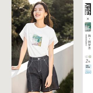 2023夏装新品镂空袖口风景印花女式短袖T恤