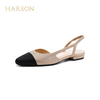 哈森2024夏后空圆头水钻低跟高级气质女凉鞋HM249902 香槟色/黑色 34