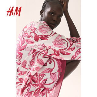 H&M女装连衣裙2024夏季宽松圆领印花灯笼长袖系带短裙1217790 白色/粉色花朵 155/80 XS