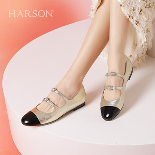 哈森复古玛丽珍鞋2024年真皮时尚女鞋圆头浅口女单鞋HWS240116 浅金黑色 39