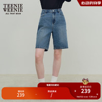 Teenie Weenie小熊女装2024年夏季宽松直筒牛仔短裤休闲通勤风 中蓝色 155/XS