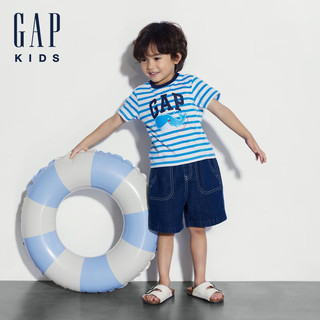 Gap男幼童2024夏季纯棉印花撞色条纹短袖T恤儿童装上衣465390 蓝白条纹 110cm(4-5岁) 亚洲尺码