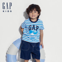 Gap男幼童2024夏季纯棉印花撞色条纹短袖T恤儿童装上衣465390 蓝白条纹 110cm(4-5岁) 亚洲尺码