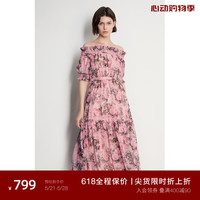 欧时力雪纺印花一字领连衣裙女 夏收腰法式复古 花色 L