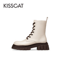 88VIP：KISSCAT 接吻猫 靴子秋冬季新款短靴潮流撞色真皮厚底加绒中筒白色马丁靴女