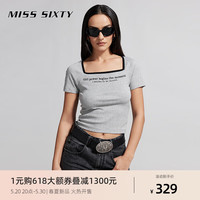 MISS SIXTY2024夏季新款T恤女方领修身短款撞色绣花百搭休闲高街
