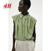 H&M女装衬衫2024夏季休闲风无袖翻领透气亚麻廓形衬衣1218506 浅卡其绿 160/88 S