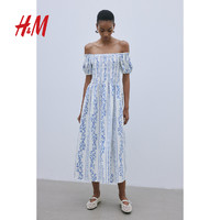 H&M HM女装连衣裙2024夏季新款露肩优雅花卉度假风连衣长裙1230970