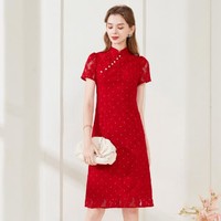 经典故事 新中式蕾丝改良旗袍裙女夏季红色修身优雅敬酒服礼服