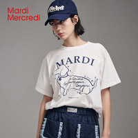 Mardi Mercredi MardiMercredi侧面腊肠狗描绘印花短袖t恤白色纯棉宽松休闲女新款